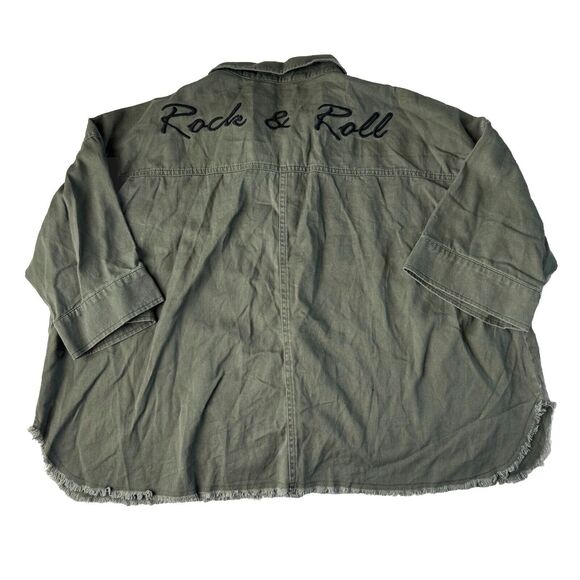 Rock & Republic Olive Green Short Sleeve Snap Button Crop Jacket Embroidered L - Picture 2 of 11